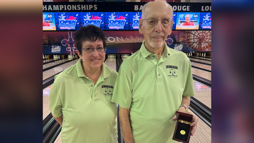 R. Kenneth Wiggins celebrates his 50th appearance at the USBC Open Championships with his daughter, Pamela