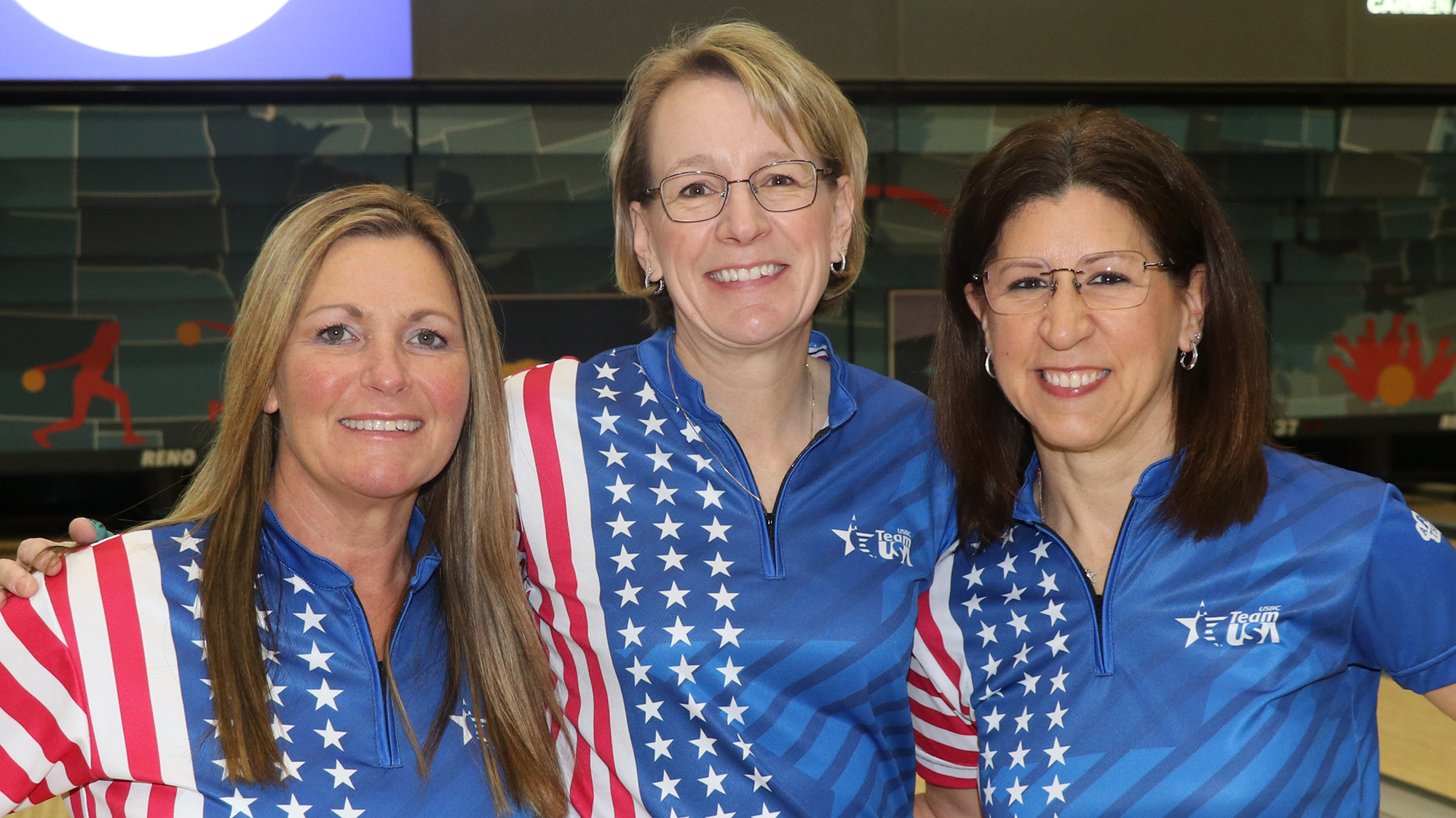 Jodi Woessner, Dana Ausec and Liz Johnson at the 2024 PANAM Bowling Championships