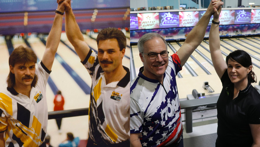 (left) Scott Kruppenbacher and Michael Wambold at 1995 Open Championships/(right) Scott Kruppenbacher and Cassandra Leuthold at 2023 Open Championships