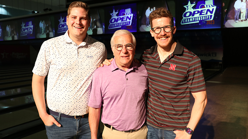 Bill Kirshenbaum celebrates his 50th consecutive appearance at the USBC Open Championships with his son-in-law, Tyler Hamik, and son, Bradley Kirshenbaum